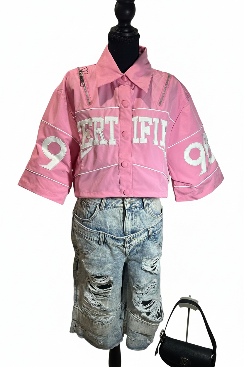 Chaqueta varsity rosa con shorts